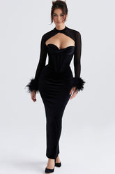 Vintage Federärmel trägerloses Korsett Samt formelles Maxikleid - Schwarz